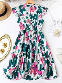 SHEIN Clasi 大码女式花卉印花休闲迷你连衣裙度假 - 綠色 - 查看 2