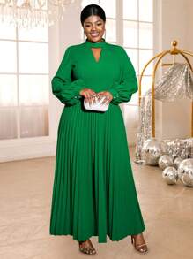 女士纯色钥匙孔领灯笼袖褶皱优雅连衣裙，适合派对、俱乐部、生日、宴会、晚宴、舞会、新年等场合。 - 綠色 - 查看 6