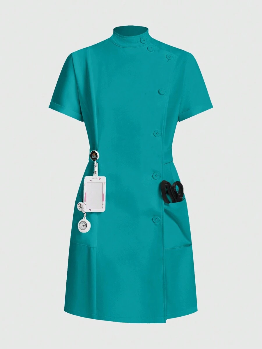 TaskEZ Women Scrubs  Uniform Button Front Hospital Nurse Scrub Dress Lab Coat Clothe - Cadet Blue - View 1