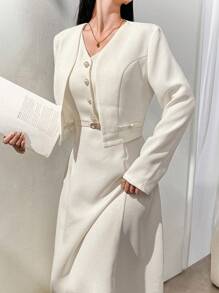 Modelyn 優雅米白色女款兩件套，鈕扣前襟夾克與洋裝，純色秋季辦公穿搭，適合商務、工作、雞尾酒會、婚禮、日常 - 杏色 - 查看 8