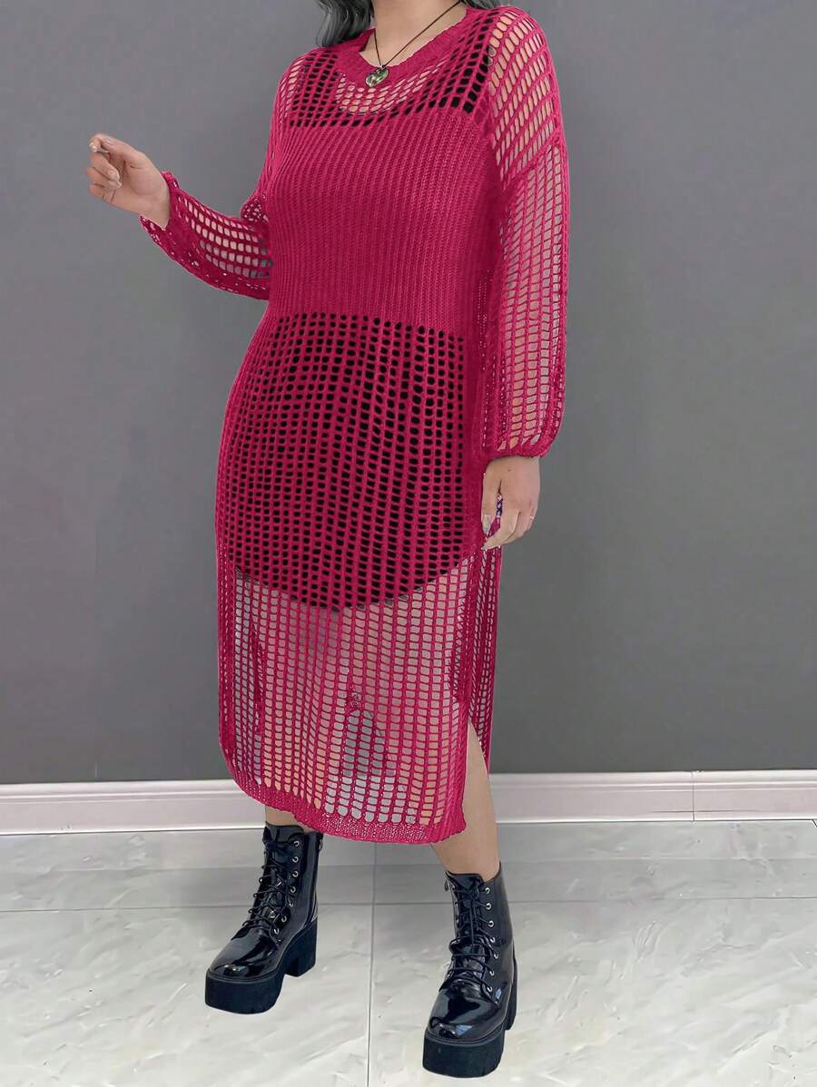 SHEIN LUNE Plus Size Women's Solid Color Simple Casual Hollow Round Neck Sweater Dress Fall Cloth For Women - Hot Pink - View 1