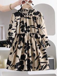 SHEIN Elladie kids Young Girls French Retro Floral Print Puff Sleeve Cinched Waist Loose A-Line Midi Dress, Casual, Spring/Autumn - Multicolor - View 3