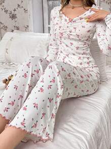 CottageSlumber Ditsy Floral V-Neck Ruffle Splice Long Sleeve Top & Pants Pajama Set Holiday Season Bountiful Floral Splendor, Fall Winter Clothes Cozy And Elegant Details - Pink - View 1