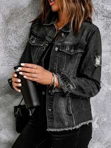女士磨損破洞夾克外套 - 黑色 - 查看 5
