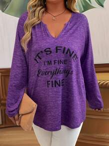 大码女式春秋季 V 领口号印花插肩袖休闲 T 恤图案 T 恤女式上衣 - 紫色 - 查看 6