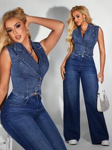 SHEIN SXY 夏季休闲双面翻领牛仔背心夹克 - 中等水洗藍 - 查看 2