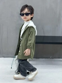 SHEIN 1pc Young Boys' Casual Long Sleeve Hooded Mid-Length Trench Coat, Suitable For Daily Wear, Breathable, Outdoor, Commuting, School, Autumn/Winter