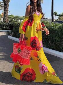 SHEIN Unity 女式满身花卉印花露肩休闲宽松时尚连衣裙 - 黃色 - 查看 1