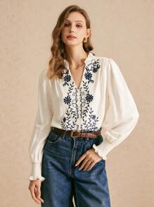 Poéselle White Linen Long-Sleeved Embroidered Shirt, Embroidered Shirt Women Embroidery Decorated Long Sleeve Blouse, Fall Women Clothes, Boho Style White Blouse, Featuring Intricate Embroidery, Luxurious Fabric, And Exceptional Breathability, This Garment Is Perfect For Everyday Wear, Commuting, Holidays, And Lounging At Home - White - View 4