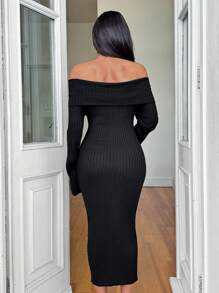 RueChic Off Shoulder With Button Detail Elegant Sweater Dress - Black - View 2