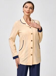 TaskEZ 2pcs Professional Turndown Collar Long Sleeve Single-Breasted Jacket And Pants Set - Navy Blue - View 9