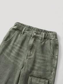 Boys' Casual Cargo Pants With Front Buttons And Multiple Pockets, Relaxed Fit - Army Green - View 3