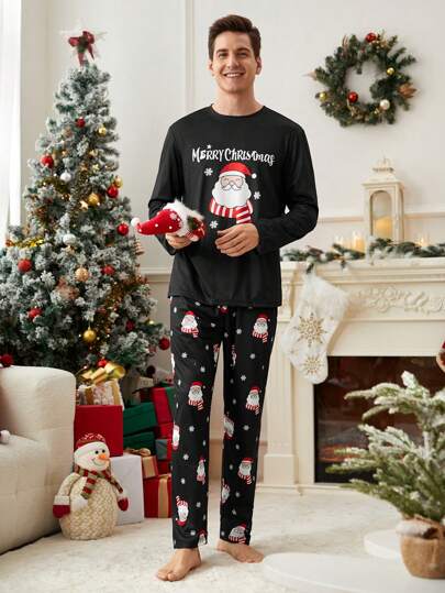 Męski komplet piżamowy z nadrukiem świątecznym, okrągłym dekoltem, długim rękawem i spodniami, jesienno-zimowy