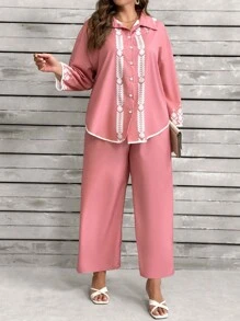 2pcs Plus Size Women Contrast Color Print Long Sleeve Top And Solid Color Pants Set