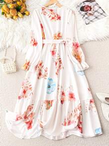 SHEIN Clasi Vestito a maniche lunghe con scollo a V e stampa floreale colorata, taglia curvy - Multicolore - Visualizzare 2