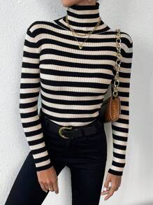 SHEIN Privé Women's Turtleneck Striped Long Sleeve Fashionable Slim Fit Soft And Elegant Sweater - Multicolor - View 1