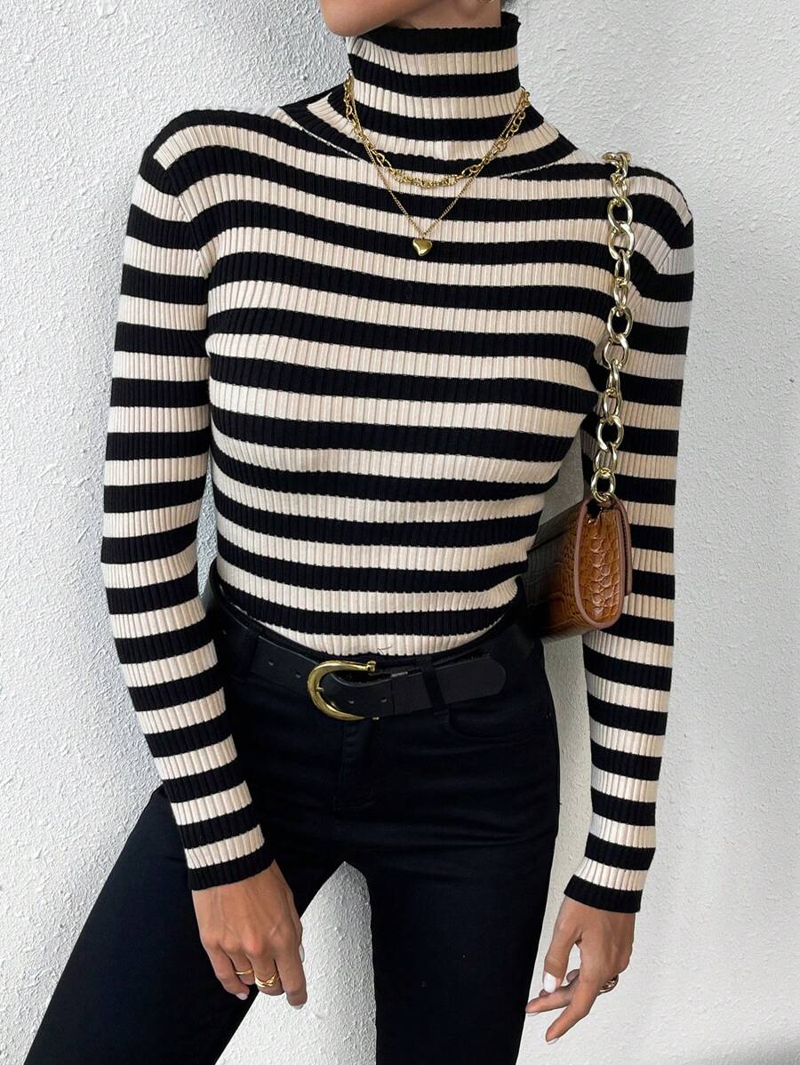SHEIN Privé Women's Turtleneck Striped Long Sleeve Fashionable Slim Fit Soft And Elegant Sweater - Multicolor - View 1