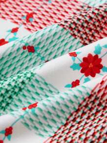 Garabateo Artist Plaid & Floral Flower Print Long Sleeve Top & Pants Warm Pajamas Set, For Holiday, Spring & Summer, Going Out