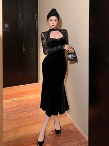 DAZY 天鹅绒派对、返校、正式场合长袖蕾丝拼接中长连衣裙，适合女士、秋冬季舞会礼服、优雅女士连衣裙、新年夜礼服、情人节礼服 - 黑色 - 查看 6