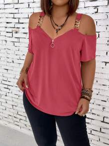 SHEIN LUNE Plus Size Women's Casual Solid Color Open Shoulder Short Sleeve Blouse