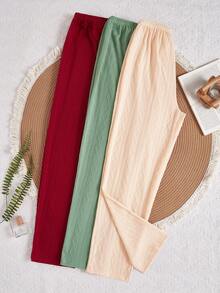 Pantalones de salón de tela texturizada de color liso con lazo en la cintura para mujer - Multicolor - Ver 2