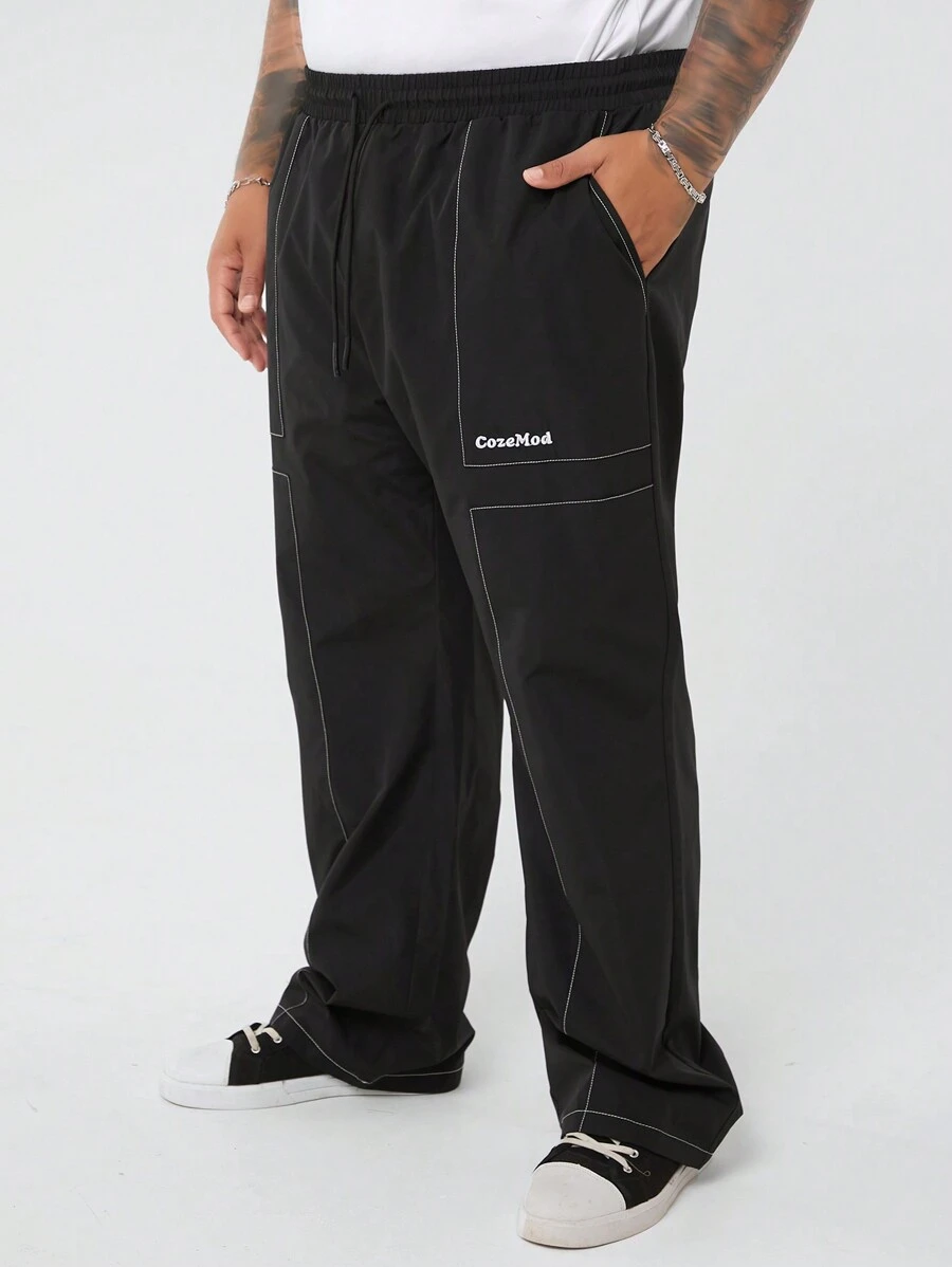 Manfinity VCAY Men's Plus Size Casual Woven Loose Drawstring Waist Straight Leg Pants With Contrast Stitching - Black - View 1