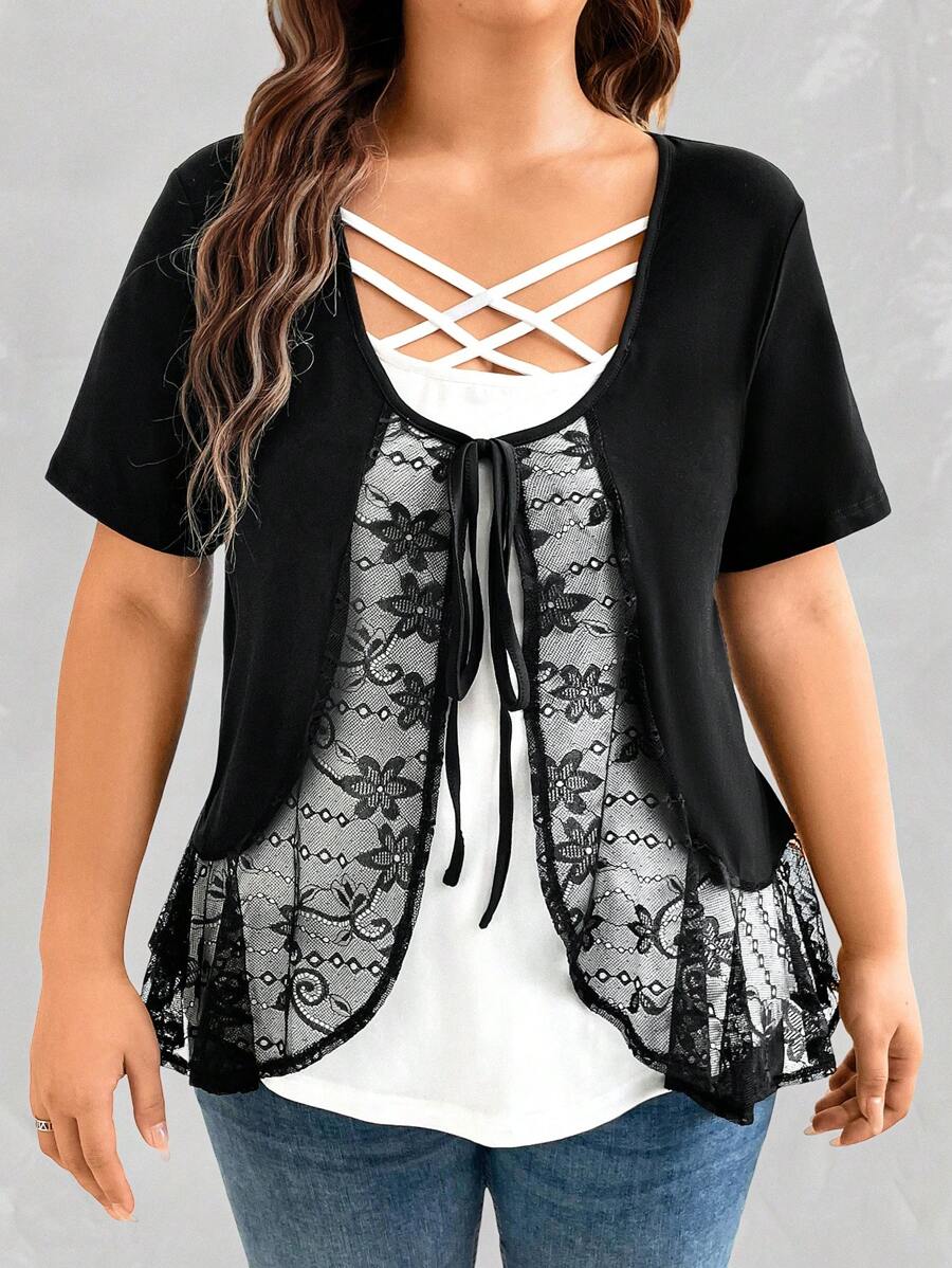 Plus Size Women Summer Floral Lace Patchwork Short Sleeve Casual T-Shirt - Black and White - View 1