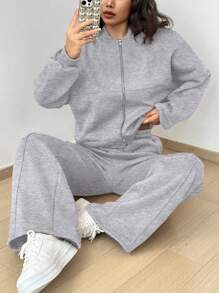 SHEIN Unity Women Street Style Camouflage Maple Leaf Print Zipper Sweatshirt & Pants Set For Autumn/Winter - Light Grey - View 4