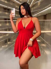 Viva Relle 大码女式无袖性感露背交叉迷你连衣裙深 V 领 A 字形纯色派对礼服新年服装曲线红色连衣裙大红色连衣裙红色性感连衣裙性感大码连衣裙红色连衣裙曲线 - 紅色 - 查看 5
