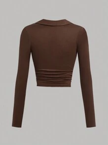 SHEIN Girlism Teen Girl 3 Piece Set Apricot, Brown, Black Crew Neck Ruched Waist Fitted Casual School Style Knit T-Shirts, Fall Top