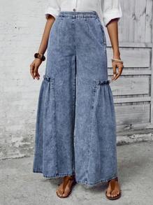 SHEIN LUNE Women Solid Color Simple Daily Jeans - Blue - View 5
