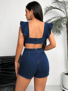 SHEIN EZwear 女士纯色荷叶边连体裤，休闲装 - 深色水洗藍 - 查看 2