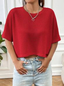SHEIN EZwear 女款针织超大 T 恤 - 紅色 - 查看 4