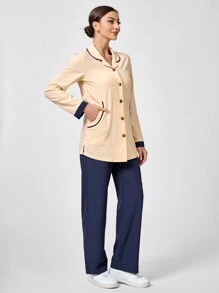 TaskEZ 2pcs Professional Turndown Collar Long Sleeve Single-Breasted Jacket And Pants Set - Navy Blue - View 5