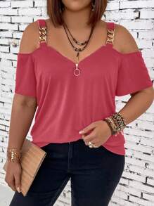 SHEIN LUNE Plus Size Women's Casual Solid Color Open Shoulder Short Sleeve Blouse