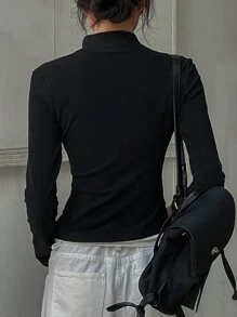 DAZY Women's Thermal Lined Slim Fit Button Up T-Shirt,Fall Clothes Long Sleeve Women Tops,Thermal Lined Turtleneck Women - Black - View 5