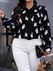 SHEIN LUNE Halloween Plus Size Ghost Print Button Front Casual Long Sleeve Shirt Fall Cloth For Women - Black and White - View 1