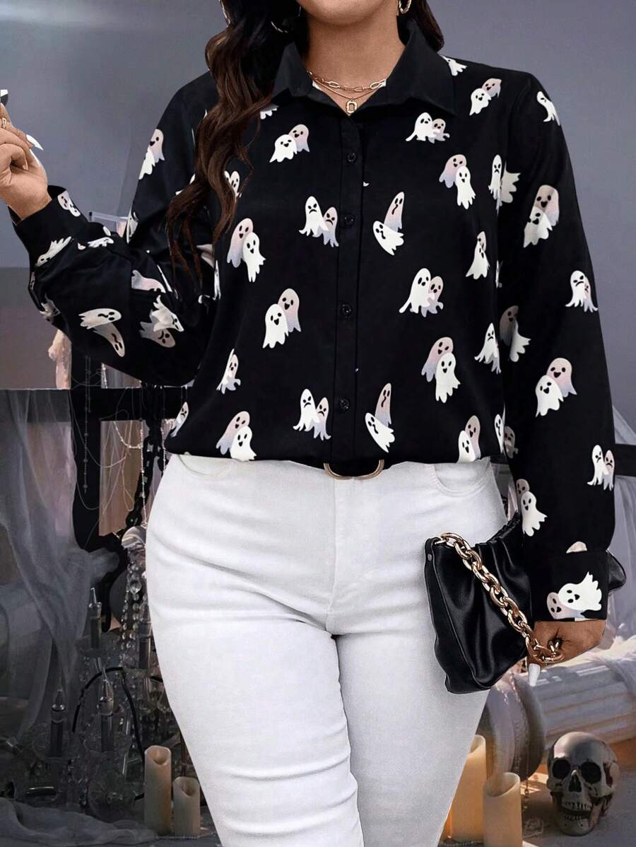 SHEIN LUNE Halloween Plus Size Ghost Print Button Front Casual Long Sleeve Shirt Fall Cloth For Women - Black and White - View 1