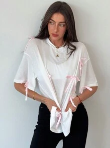 Aloruh Romantic Y2K Style Loose Fit Bow Neck Short Sleeve White T-Shirt For Women