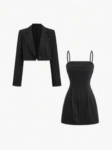 Sweetra 2 件套女士休闲条纹衬衫（翻领）和细肩带连衣裙套装 - 黑色 - 查看 1