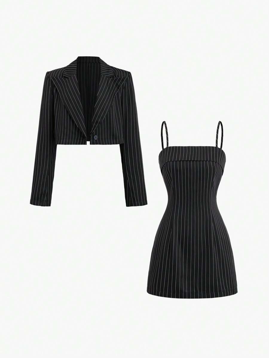 Sweetra 2 件套女士休闲条纹衬衫（翻领）和细肩带连衣裙套装 - 黑色 - 查看 1