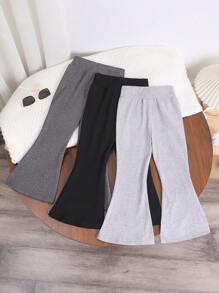SHEIN Genkimix Kids 3pcs/Set Young Girls' Basic Black, Dark Gray And Light Floral Gray High Waist Flared Pants, Suitable For Everyday Wear In Spring, Fall And Winter Young Girl Flared Leggingsgirls Flared Leggings,Holiday,Summer,Travel, School, Campus, College