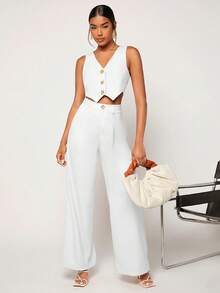 BizChic 2 piezas Blusa informal de un solo color sin mangas con botones delanteros y pantalones conjunto casual para mujer - Blanco - Ver 4