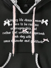 SHEIN MOD Czarna luźna bluza z kapturem z koronką i kokardą z napisem dla kobiet, ciepła odzież na jesień i zimę, bluza z kapturem, bluzki na wyjścia - Czarne - Zobacz 4