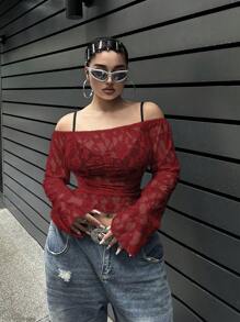 SHEIN MOOSTA Plus Size Women Off-Shoulder Hollow-Out Long Sleeve Top - Burgundy - View 1