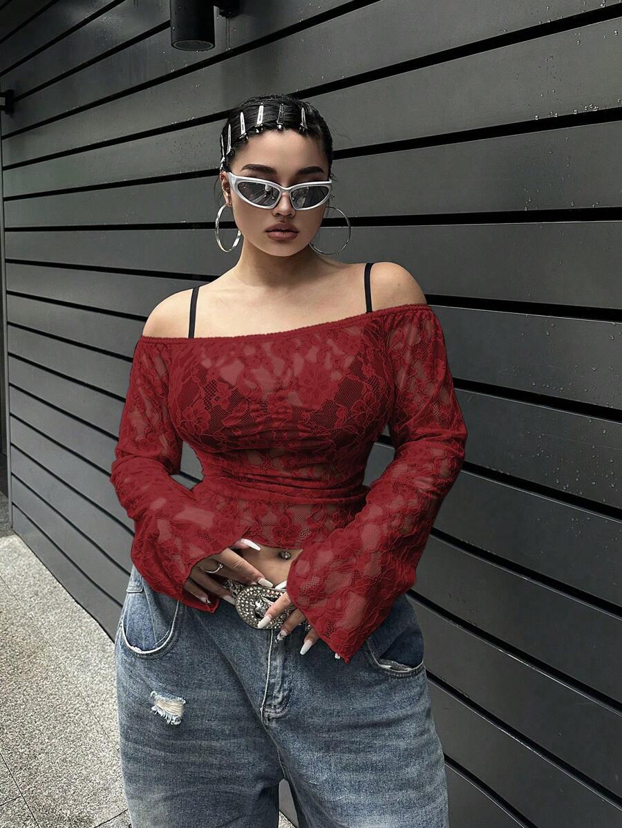 SHEIN MOOSTA Plus Size Women Off-Shoulder Hollow-Out Long Sleeve Top - Burgundy - View 1