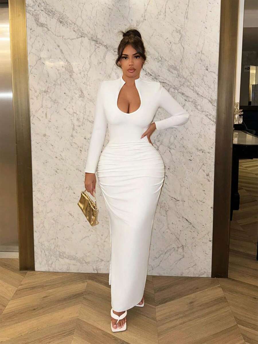 SHEIN SXY Quần áo mùa thu màu trắng cổ giọt nước tay dài bó sát cho nữ váy dài, toàn bộ trang phục màu trắng cong - trắng - Xem 1