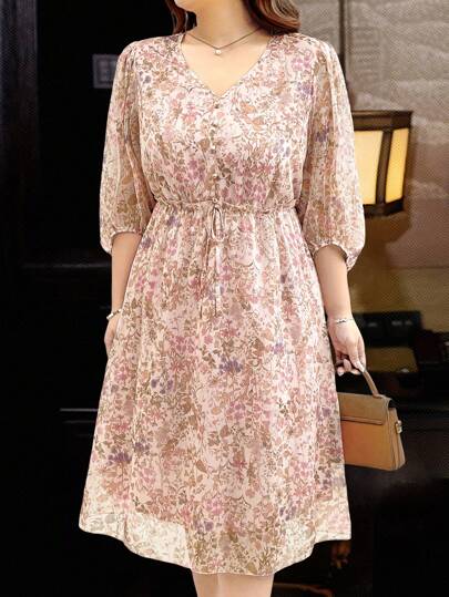 SHEIN Unity 大码女式花卉印花 V 领灯笼袖休闲宽松连衣裙长款女装