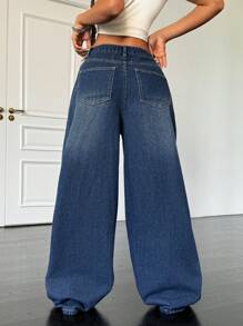 SHEIN ICON Women's Relaxed Fit Pleated Wide Leg Jeans, Blue, Y2k Clothes Women - Dark Wash - View 2