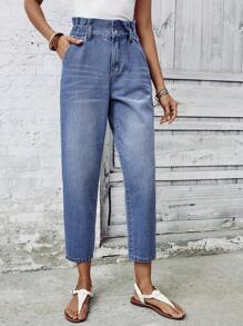 SHEIN LUNE Quần jean denim nữ ống côn, cạp bèo, có túi, kiểu dáng thường ngày. - Màu xanh lam - Xem 6